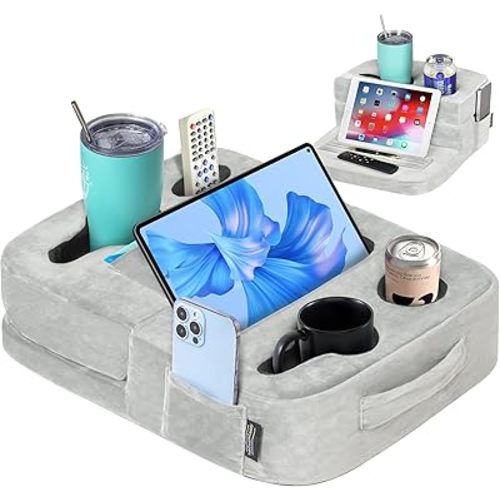 Couch Cup Holder Tray Pillow - Bed, Couch Caddy, Sofa, RV & Car - Holds Drinks, Snacks, Remotes, Phones, Kindle, Tablet | Bed Cup Holder (Grey)