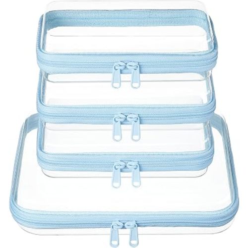 3-PCS Medium Clear Hard Shell Zipper Pouches, Clear Zipper Bags (3M, Pink)