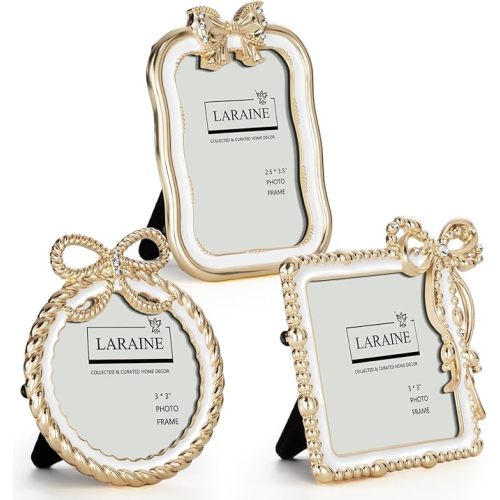 Picture Photo Frame Ribbon Bow 3 inch Metal High Definition Glass Display Pictures for Tabletop Home Decorative Holiday Gift (Antique, White, 3-piece set)