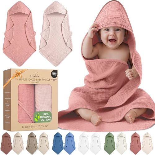 100% Organic Cotton 2 PK Muslin Baby Towels for Newborn 32x32 in