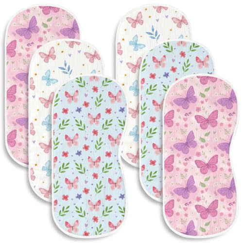 6 Pack （3×2） Butterfly Baby Burp Cloths, 20x10 Contoured Burp Rags with Watercolor Floral & Garden Print, Ultra Absorbent Soft Shoulder Pads Newborn Registry Gift for Girls