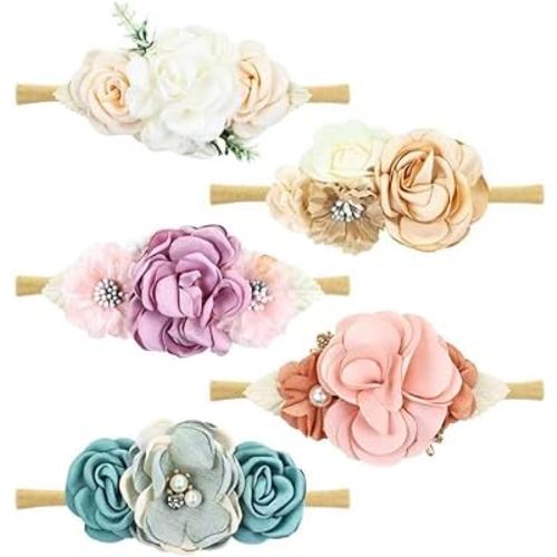Cinaci 5 Pieces Super Stretchy Soft Nylon Flower Headbands Pearl Floral Tiaras Crowns Hairbands Hair Accessories for Baby Girls Newborns Infants Toddlers Kids