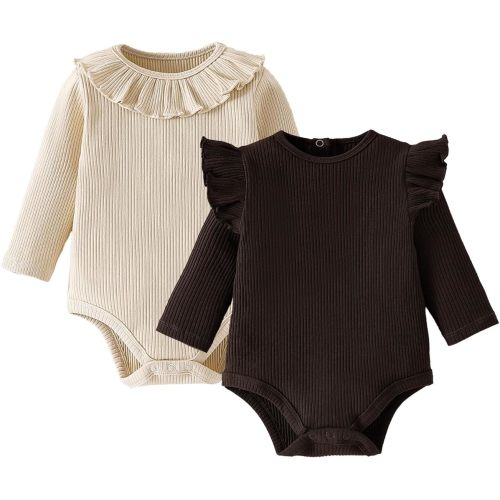 ROMPERINBOX Baby Girl Bodysuit 2 Pack, Long Sleeve Ribbed Knitted Onsies Ruffle Collar and Flutter Sleeve Fall Winter Clothes