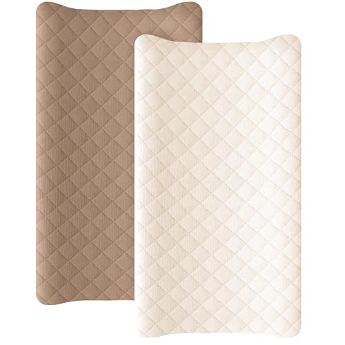 Konssy 2 Pack Quilted Muslin Changing Pad Cover, Waterproof Layer, 32"x16" | 100% Cotton Surface, Absorbent & Soft, Fitted Changing Table Sheets, Full Elastic Fit, for Baby Girls & Boys (Brown, Cream)