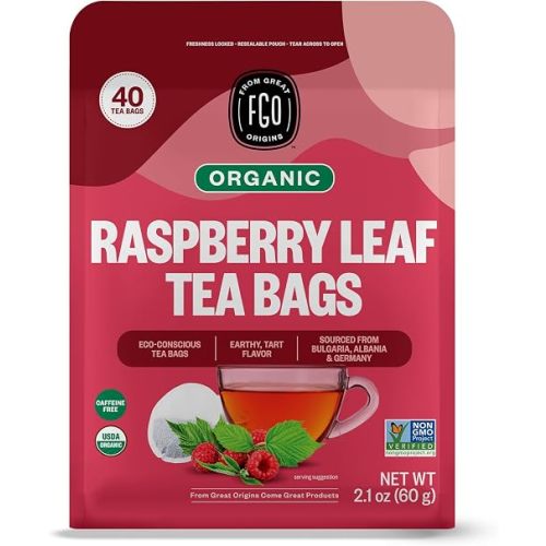 FGO Organic Red Raspberry Leaf Herbal Tea, 40 Count, Eco-Conscious Tea Bags, Caffeine Free (Pack of 1)