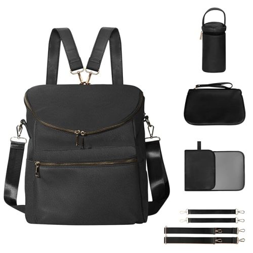 Minsong Diaper Bag Backpack,Fashion Leather Mommy Backpacks,Travel Toddler Baby Diaper Bags with in Bag Organizer and Changing Pad (Black)