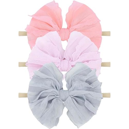 Baby Girls Stretchy Soft Knot Headbands with Hair Bows Newborn Toddler Hairbands Infant Toddlers Kids Hair Accessories Purple Gray Pink 3 PCS