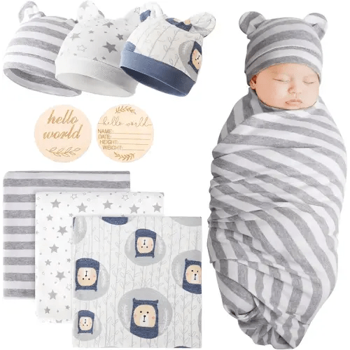 DRESHOW BQUBO Cotton Baby Swaddle Hat Set Newborn Infant Receiving Blankets with Bear Ears Hat Wooden Birth Announcement Card Newborn Unisex Swaddle Wrap Sets Warm Shower Gift