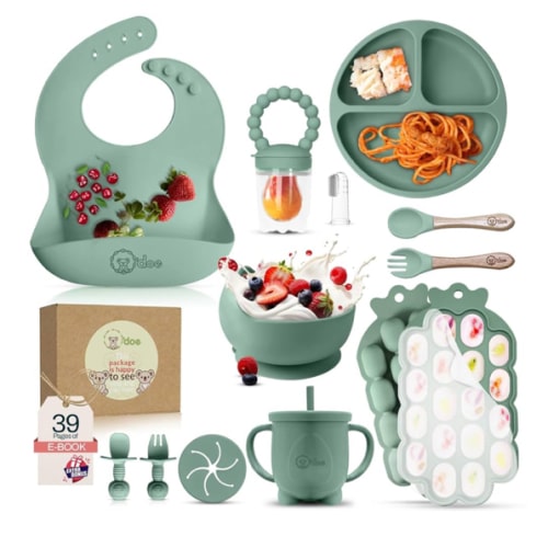 O'doe Baby Weaning Set – 15 Pcs Silicone Baby Feeding Set with Suction Plate, Bowl, Bib, Sippy Cup, Fruit Feeder, Freezer Tray