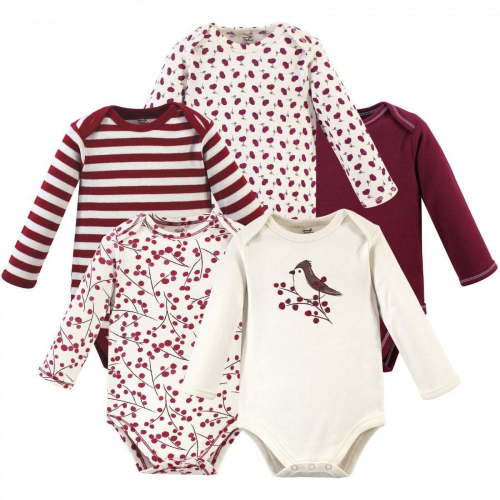 Touched by Nature Baby Girl Organic Cotton Long-Sleeve Bodysuits 5pk, Berry Branch, 0-3 Months