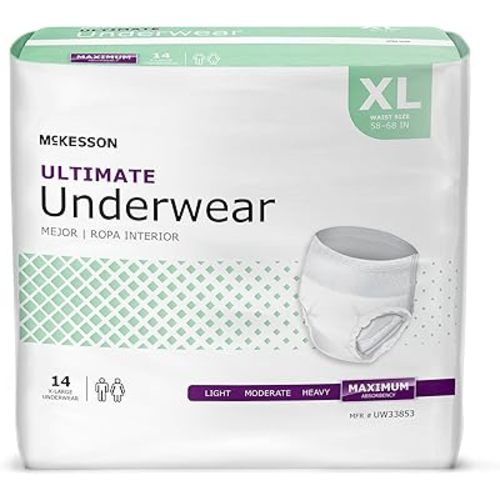 McKesson Ultimate Adult Incontinence Underwear, [56 Count], XL, 58-68 in. Maximum Absorbency, Unisex Bladder Leak Protection, Pull-On Style with Tear-Away Sides, for Postpartum and Incontinence