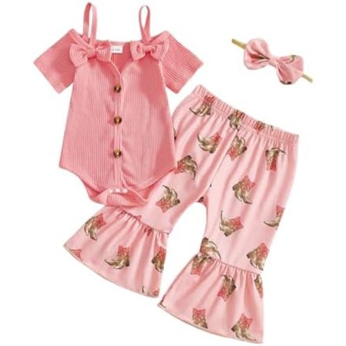 Western Baby Girl Clothes Cowgirl Outfit Solid Cold Shoulder Romper Boot Pattern Flare Pants + Bow Headband Set