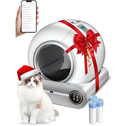 Automatic Litter Box, Upgraded Robot Self Cleaning Litter Box for Multiple Cats, 65L+9L Extra Large, Features Negative ion Sterilization and Deodorization, APP Control, 3 Rolls Litter Bag Liners