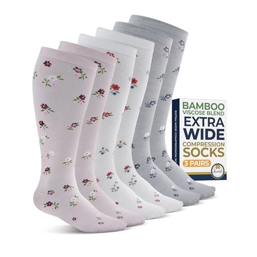 Pembrook 3 Pairs Plus Size Compression Socks Wide Calf - Bamboo Viscose Compression Socks for Women Wide Calf