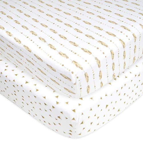 American Baby Company 2 Pack Fitted Crib Sheets 28" x 52", Soft Breathable Neutral 100% Cotton Jersey Sheet, Taupe Feather/Triangles, for Boys and Girls, Fits Crib and Toddler Bed mattresses