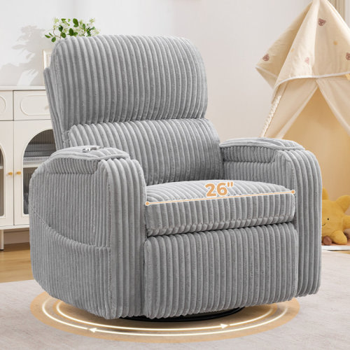 Latitude Run® 25''W Modern Corduroy 270° Swivel Nursery Recliner With Hand-Adjustable Headrest, Storage Armrests And USB Port | Wayfair
