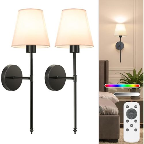 NIORSUN 19.9 inch Battery Operated Wall Sconce Set of 2,Black Rechargeable Wall Lights with 5200mAh Dimmable Detachable Bulbs and Remote,10 Colors Wireless Sconces for Bedroom Living Room Hallway