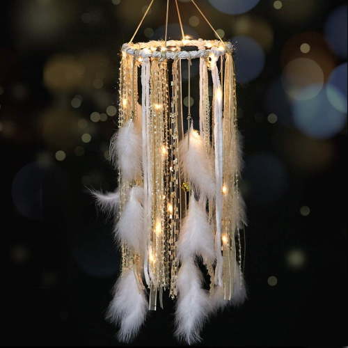 Dream Catcher Mobile Large Light Up Dream Catchers with Golden Shining Lace& Bells LED Fairy Lights Battery Powered Hanging Ornaments- 7.9Wx 22L Inches Feathers Wedding Boho Decorations Nursery Decor