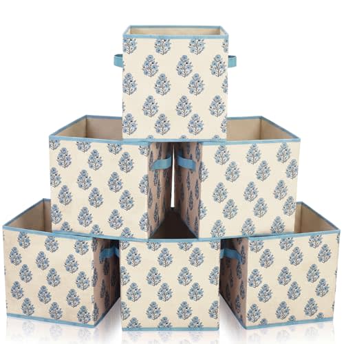 Bokon 6 Pcs 11'' Blue Block Print Storage Cubes Floral Cube Storage Bins | Foldable Fabric Storage Basket Bins with Handles, Home Office Classroom Shelves Clothes Toys Books Organizing Box