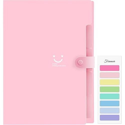 Forvencer Accordion File Organizer, Letter Size, 5 Pocket Expanding File Folder, Cute File Folder with Labels, Portable File Organizer for School Office Supplies, Folders for Documents, Light Pink