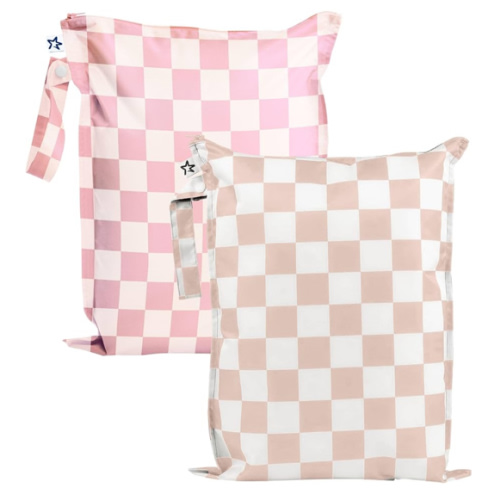 Tiny Twinkle Mess Proof Wet Bags | 2-Pack Reusable Waterproof Wet Bags for Swimsuits | Baby Clothes | Travel & Diaper Bag (Pink, Brown Checkers)