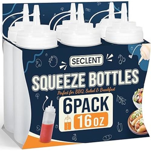 16 oz Condiment Squeeze Bottles, Squirt Bottles for Sauces, Ketchup, Plastic Squeeze Bottle for Liquids, Leak Proof, Dressing Bottle for Syrup, Pancake Batter, oil, Arts and Crafts, Pack of 6