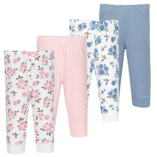 Hudson Baby Basics Infant Girls Comfy Cotton Pants 4-Pack, Floral Petal Pink, 12-18 Months