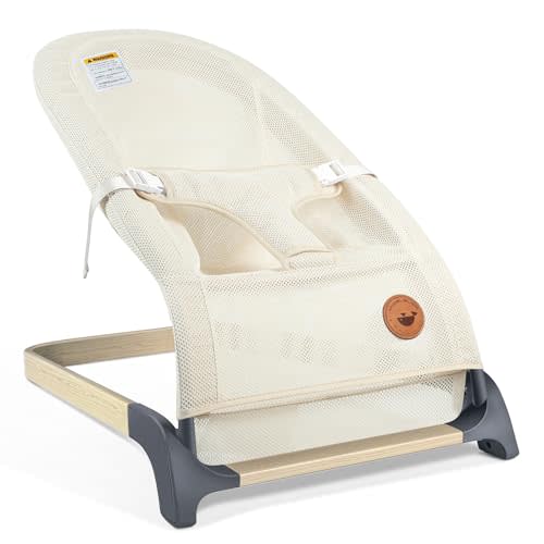 ANGELBLISS Baby Bouncer Seat for Infants, Portable Bouncy Seat, Beige | Natural vibrations, soft fabric, ergonomic support, easy-clean cover, foldable frame, and newborn-friendly comfort