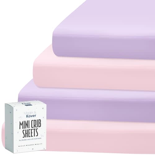 Magik & Kover Mini Crib Sheets Girl 4 Pack, Baby Crib Sheet for Mini Crib Mattress and Playard Mattress, Soft Breathable Fitted Baby Crib Sheets Set for Girls, Pink & Violet