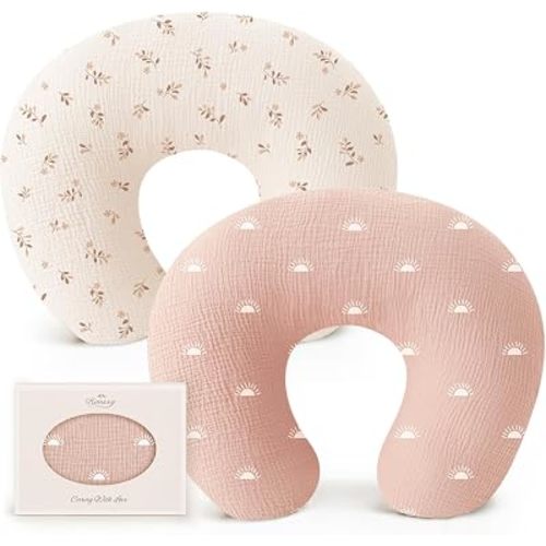 Konssy 2-Pack 100% Cotton Muslin Nursing Pillow Covers, Soft Cover for Baby