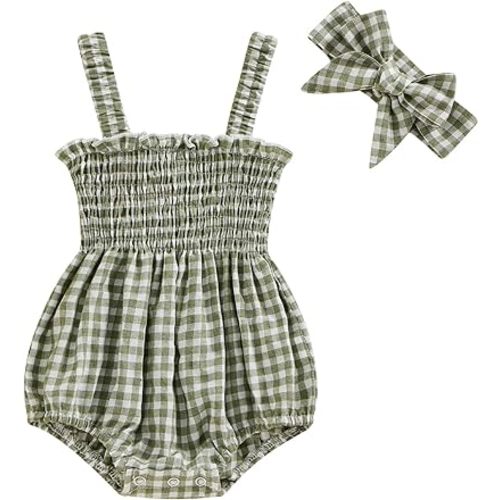 Infant Baby Girl Summer Outfit Clothes Sleeveless Smocked Cotton Linen Romper with Headband