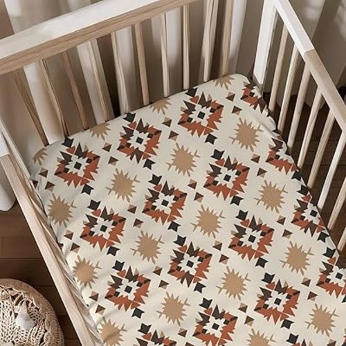 Native American Geometric Pattern Baby Sheets for Crib, Unisex Western Tribal Nursery Fitted Bed Sheet for Boys Girls Standard Crib and Toddler Mattress-28x52