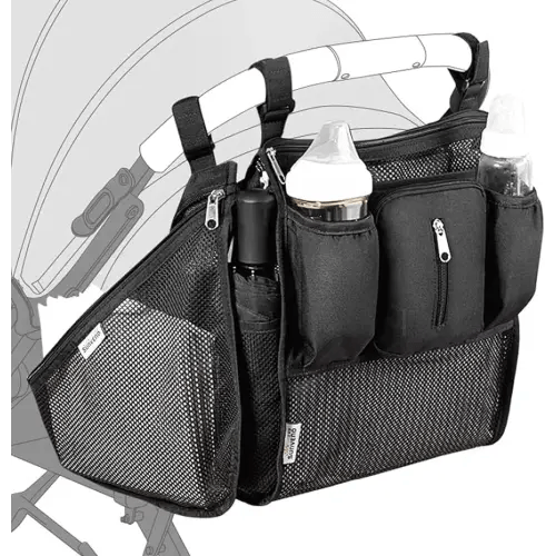 SUNVENO 2 Pcs Universal Stroller Organizer With Cup Holders, Large capacity for baby essentials, Detachable Zippered Pocket, Side Sling Cargo Net, Black