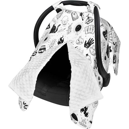 Goth Carseat Covers Baby, Gothic Winter Carseat Cover for Baby, Minky Baby Car Seat Cover for Boy & Girl, Peekaboo Opening Car Seat Canopy for Newborn, Multi Use Mom Nursing Cover, Gothic