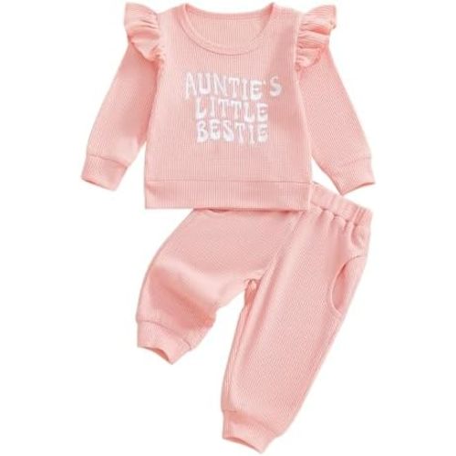 SAYOO Aunties Bestie Baby Clothes Gender Neutral Baby Boy Girl Embroidery Waffle Sweatshirt Pullover Solid Pant Fall Outfit