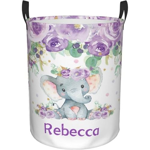 Purple Floral Elephant Personalized Laundry Hamper Custom with Name Collapsible Waterproof Storage Basket with Handles for Bedroom Decor Gift.