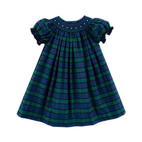 Hamilton Plaid Navy & Green Smocked Corduroy Trim Bishop Dress