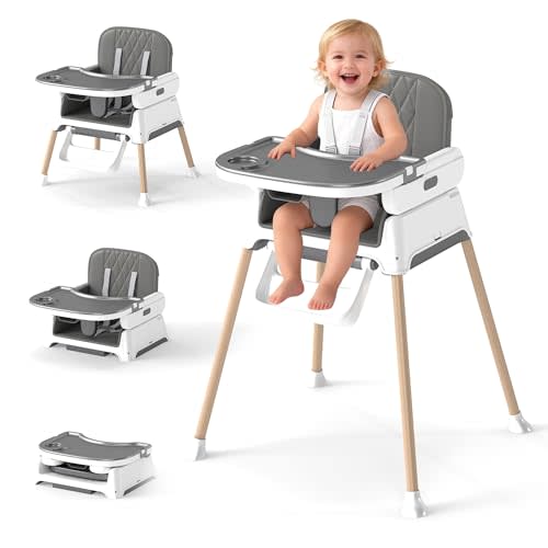 4 in 1 Baby High Chair for Babies and Toddlers, Foldable & Portable Convertible Booster Seat, Adjustable Tray & Footrest, Lightweight, Stable, Easy to Clean, Grey