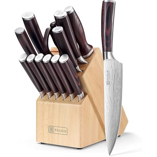 PAUDIN Kitchen Knife Set with Block, 14 Pieces Knife Sets for Kitchen with Block, High Carbon German Stainless Steel Sharp Chef Knife Set with Ergonomic Pakkawood Handle