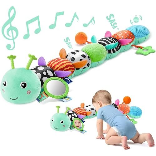 Baby Toys 0-6 6-12 Months, Music Caterpillar Plush Toy with Baby Mirror, Pull String&Crinkle Rattle,Infant Teething Toys,Tummy Time for 0-3-6-12 Month Boys Girls Newborn Gifts (Blue-Leaf)