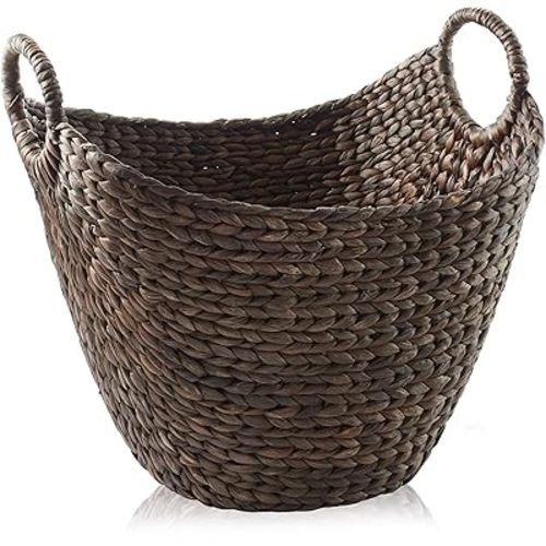 Casafield Large Laundry Boat Basket with Handles - Espresso, Woven Water Hyacinth Multipurpose Storage Organizer for Throw Blankets, Bathroom, Bedroom, Living Room