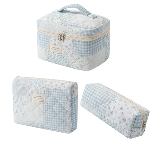 uekeboag 3Pcs Quilted Cotton Makeup Bag Set(Bluepatchwork) | Gingham,Coquette Cosmetic Bag with Zipper for Baby Diapers, Floral Pouch,Cute Kawaii Travel Toiletry Bags