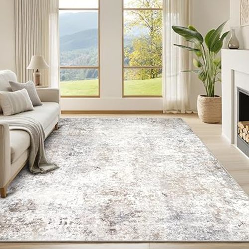 Washable Rugs 6x9 Area Rugs for Living Room,Modern Abstract Rugs for Bedroom,Large Carpets,Ultra Soft Faux Wool Retro Dining Room Rug,Non Slip&Non-Shedding Low Pile Print Rug- Beige Grey