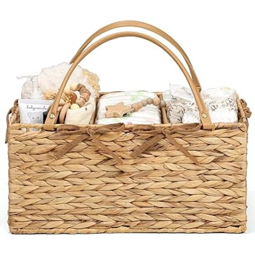 Diaper Caddy Organizer, Hand Rattan Nursery Storage Basket for Baby Essentials, Baby Changing Table Organizer Perfect Nursery Assistant, Easy Assemble (Natural Light, L)