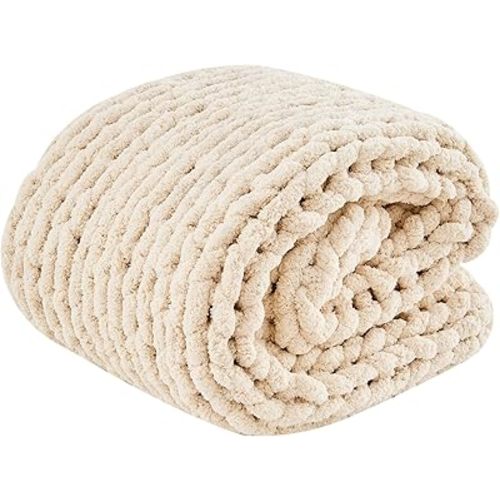 Chunky Knit Crochet Blanket Beige 50in*60in