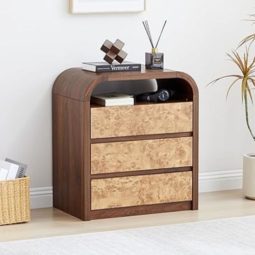 3 Drawer Dresser for Bedroom, Modern Chest of Drawers with Open Shelf, Burl Wood Tall Nightstand End Table for Living Room, Hallway (Walnut)