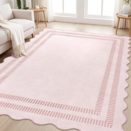 Pink Rugs for Bedroom Girls, 5x7 Washable Non Slip Area Rugs for Living Room, Soft Vintage Stain Resistant Scalloped Carpet for Nursery Dorm Home Decor