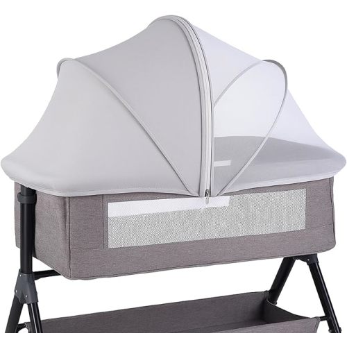 Portable Bassinet Cover for Cats & 2-Way Zipper, Half-Blackout Mosquito Net with Sunshade, Breathable Bassinet Net Cover, Mosquito Net for Baby Crib to Keep Cats Out （Grey）