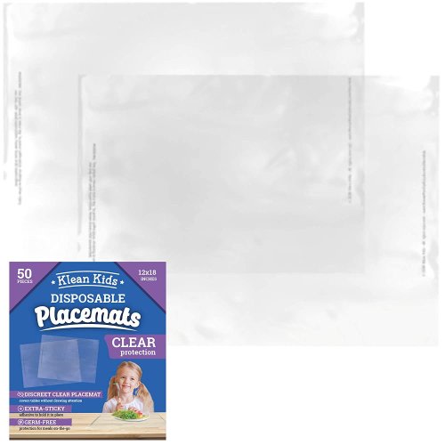 Clear Disposable Placemats (50 Pack) for Baby, Toddler, Kids and Adults - Neat and Clean Transparent Table Mat - Sticky Adhesive Table Topper Solutions for Food Place, Crafts and Restaurant Placemat