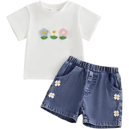 Toddler Baby Girl Summer Denim Outfits Jeans Shorts Tops Shorts Set Outfit Flower T-shirt with Denim Shorts